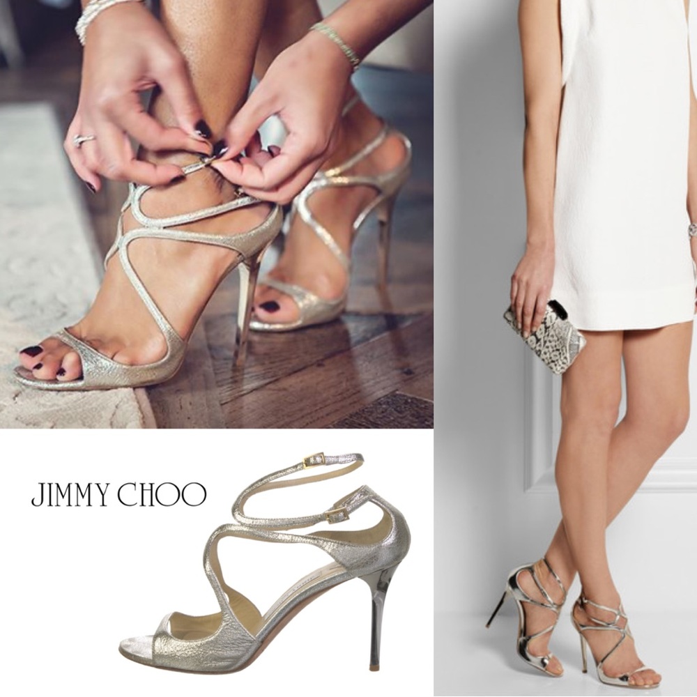 Jimmy Choo ‘Lance’ Strappy Sandals Heels – Silver Leather – Size 39 (US 8)